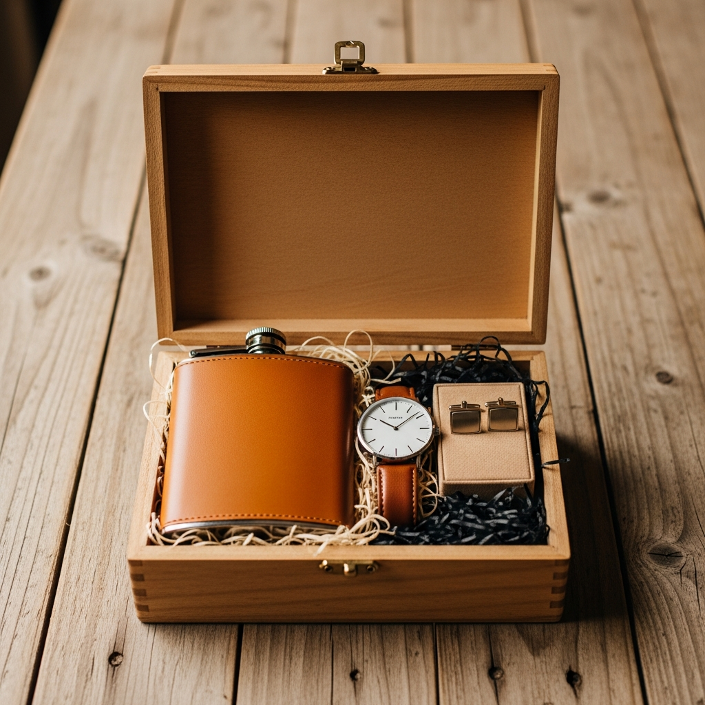 Caja de madera con petaca grabada, reloj de pulsera y accesorios personalizados para regalar a los padrinos