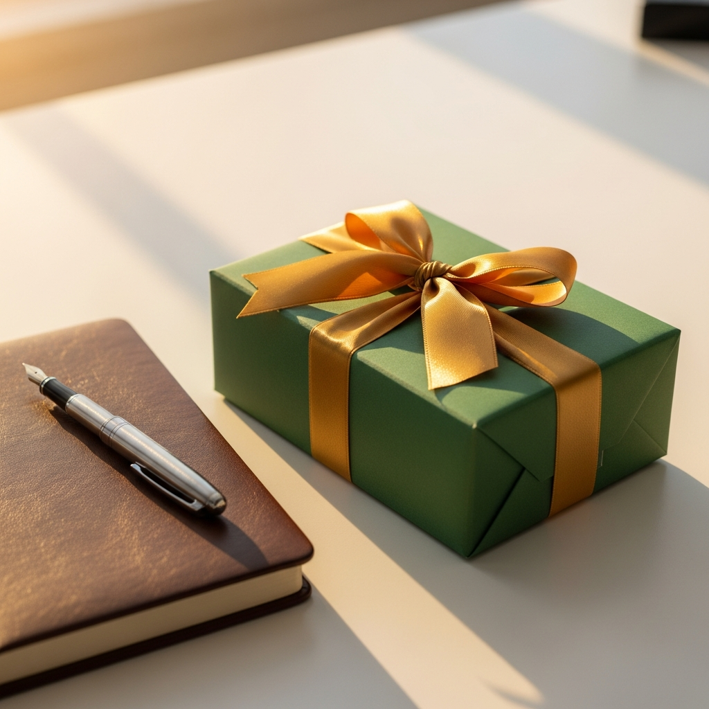 Una persona feliz abre un regalo envuelto sobre un escritorio con libros de estudio y apuntes