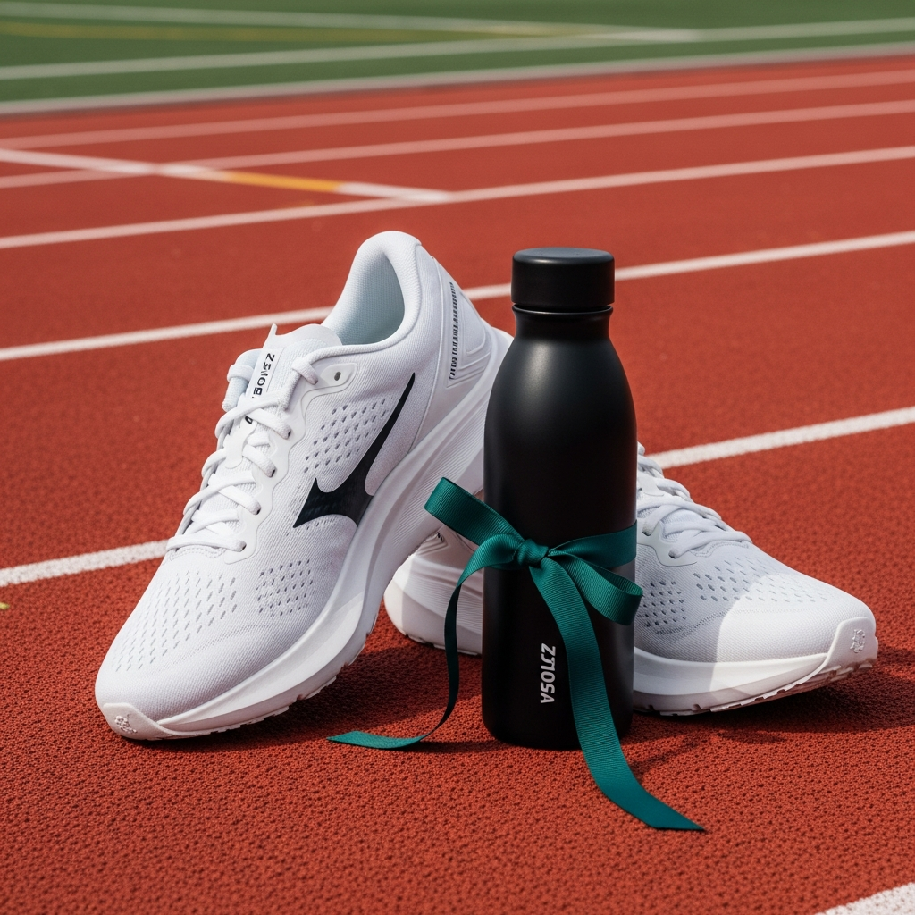 Zapatillas de running, camiseta personalizada y termo grabado con láser listos para correr