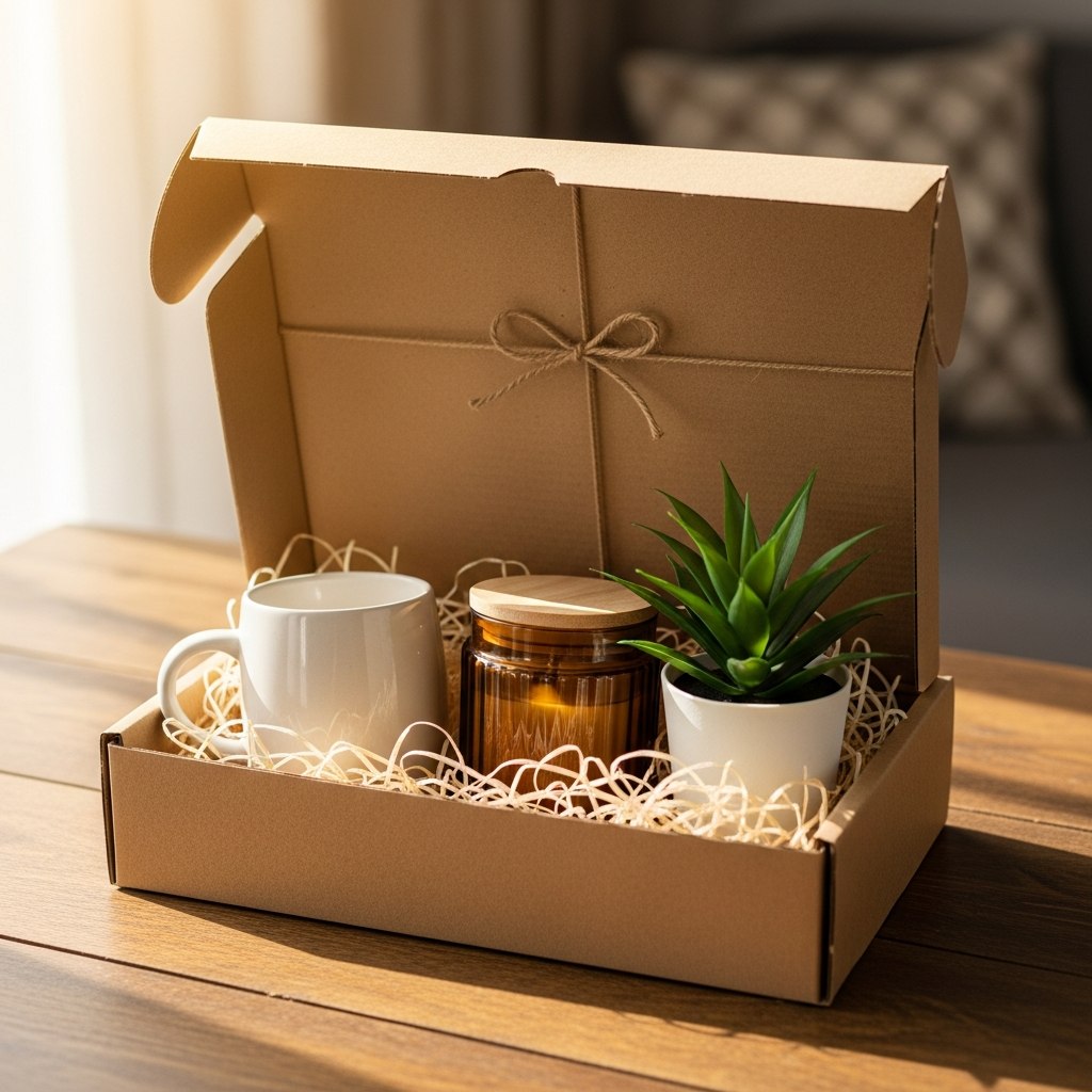 Caja de regalo de autocuidado con una vela perfumada, una taza de té y un cuaderno de notas