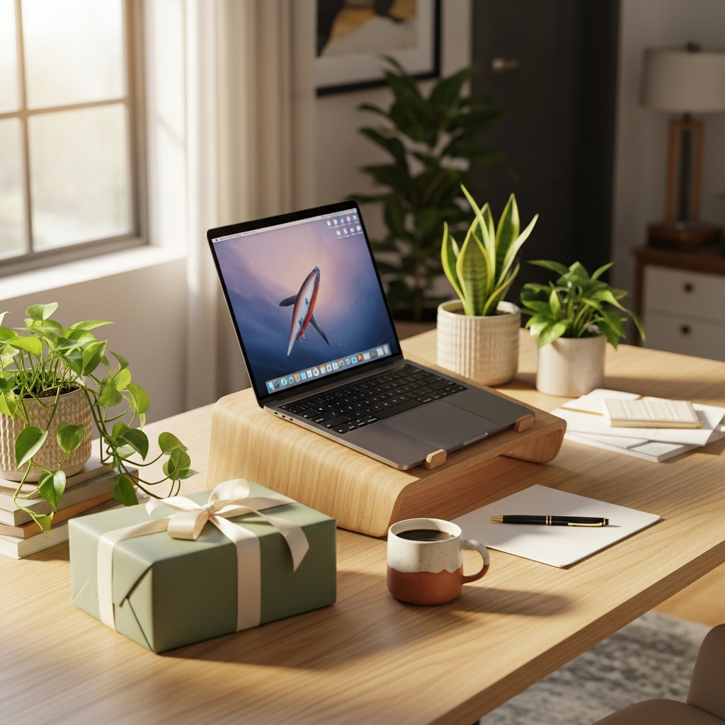 Escritorio de madera con ordenador portátil, ratón ergonómico, taza de café, libreta y una planta pequeña