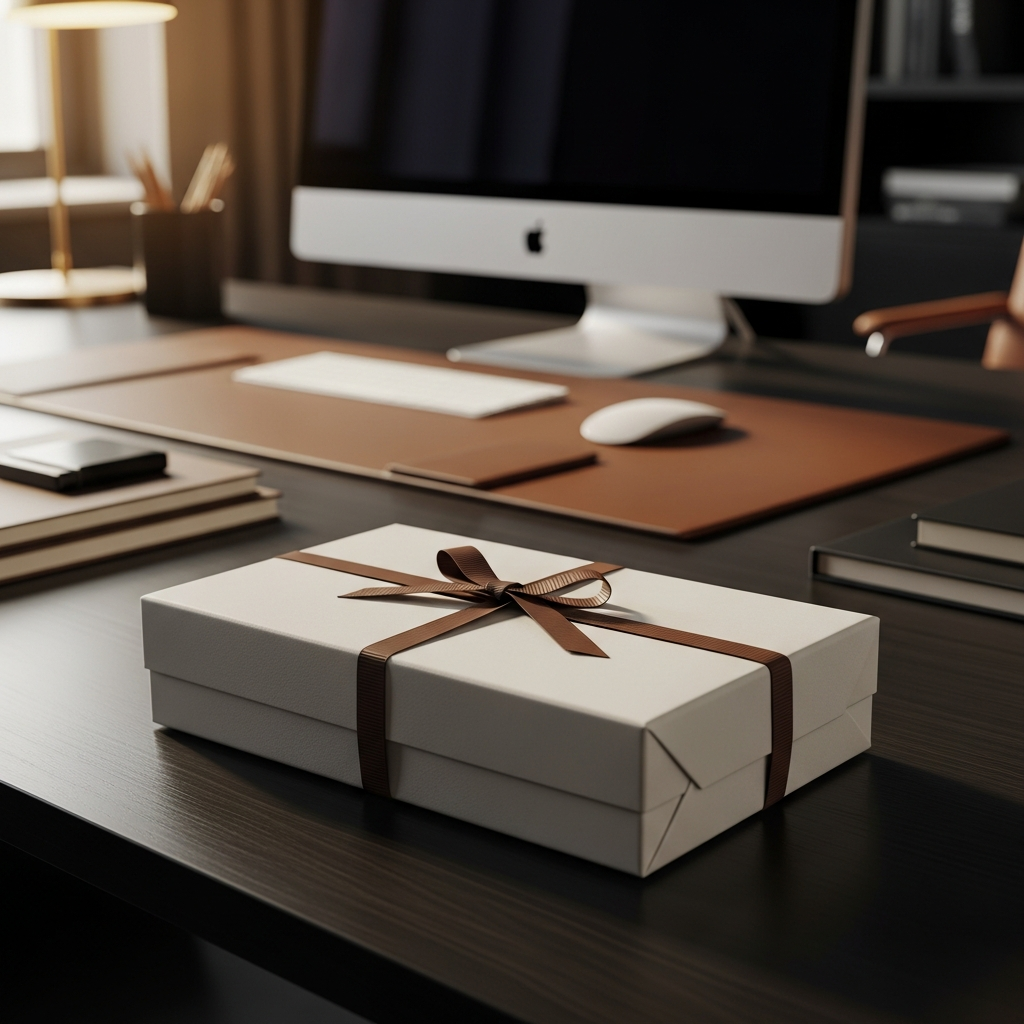 Caja de regalo elegante con lazo sencillo sobre un escritorio de oficina moderno junto a un ordenador portátil