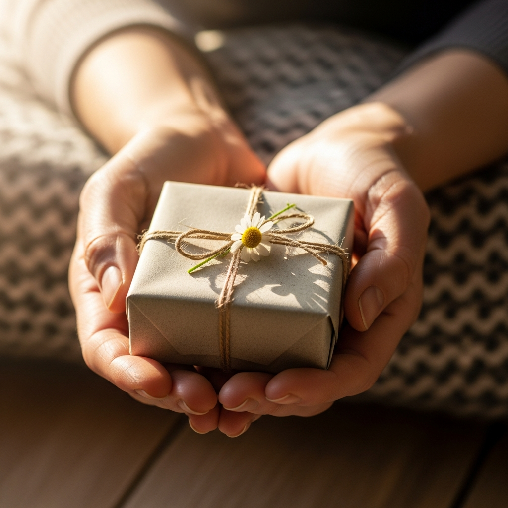 Una madre sonríe conmovida al recibir una caja de regalo decorada con un lazo y una nota escrita a mano
