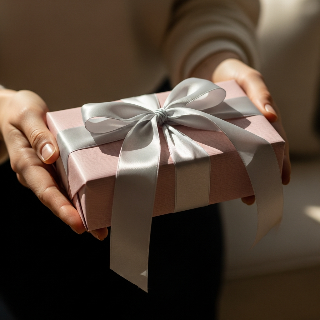 Mujer sonriente al recibir un regalo envuelto con un lazo rojo y una nota de amor escrita a mano