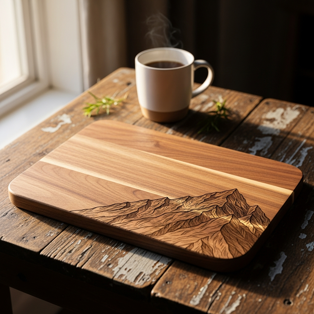 Taza y llavero de madera personalizados con grabado láser para papá sobre una mesa de madera rústica