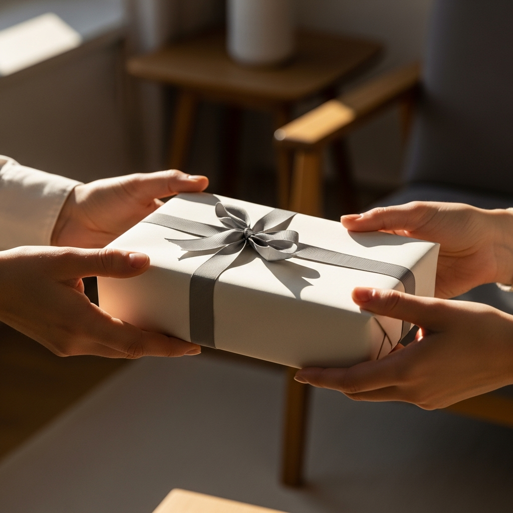 Un hombre joven sonríe alegre al recibir un paquete de regalo elegante en un ambiente familiar y relajado