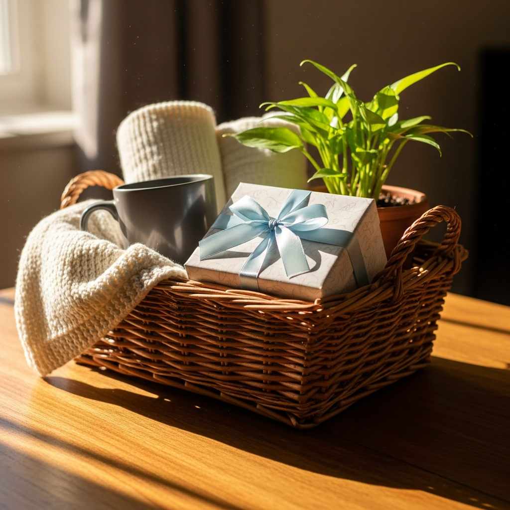 Cesta de regalo con flores, una manta y una taza sobre una mesa para una persona convaleciente