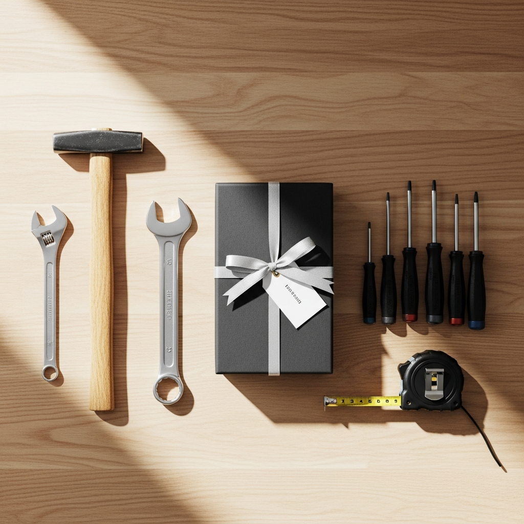 Caja de regalo con lazo junto a un taladro, un martillo y herramientas de bricolaje sobre una mesa de madera