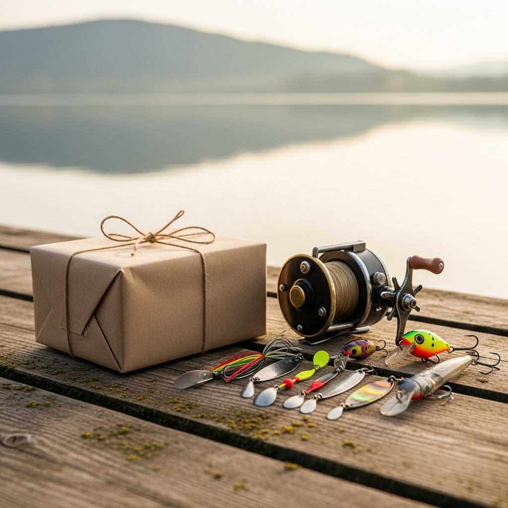 Caja de regalo con señuelos de colores, un carrete y accesorios de pesca sobre un fondo de madera