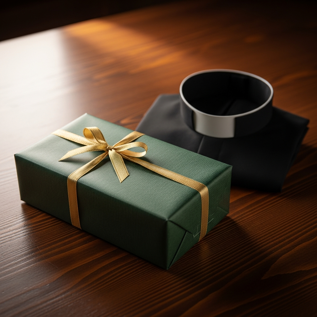 Sacerdote con alzacuellos sonriente sostiene un paquete de regalo elegante envuelto con un lazo