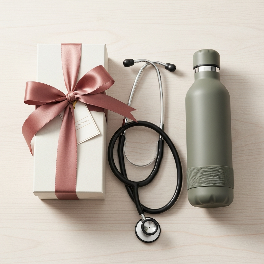 Caja de regalo abierta con un estetoscopio, un termo personalizado y accesorios de enfermería