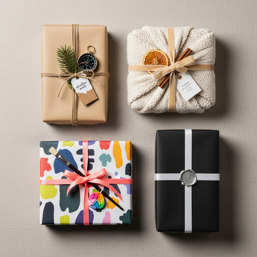 Mujer sonriente abriendo una caja de regalo con un lazo elegante sobre fondo neutro