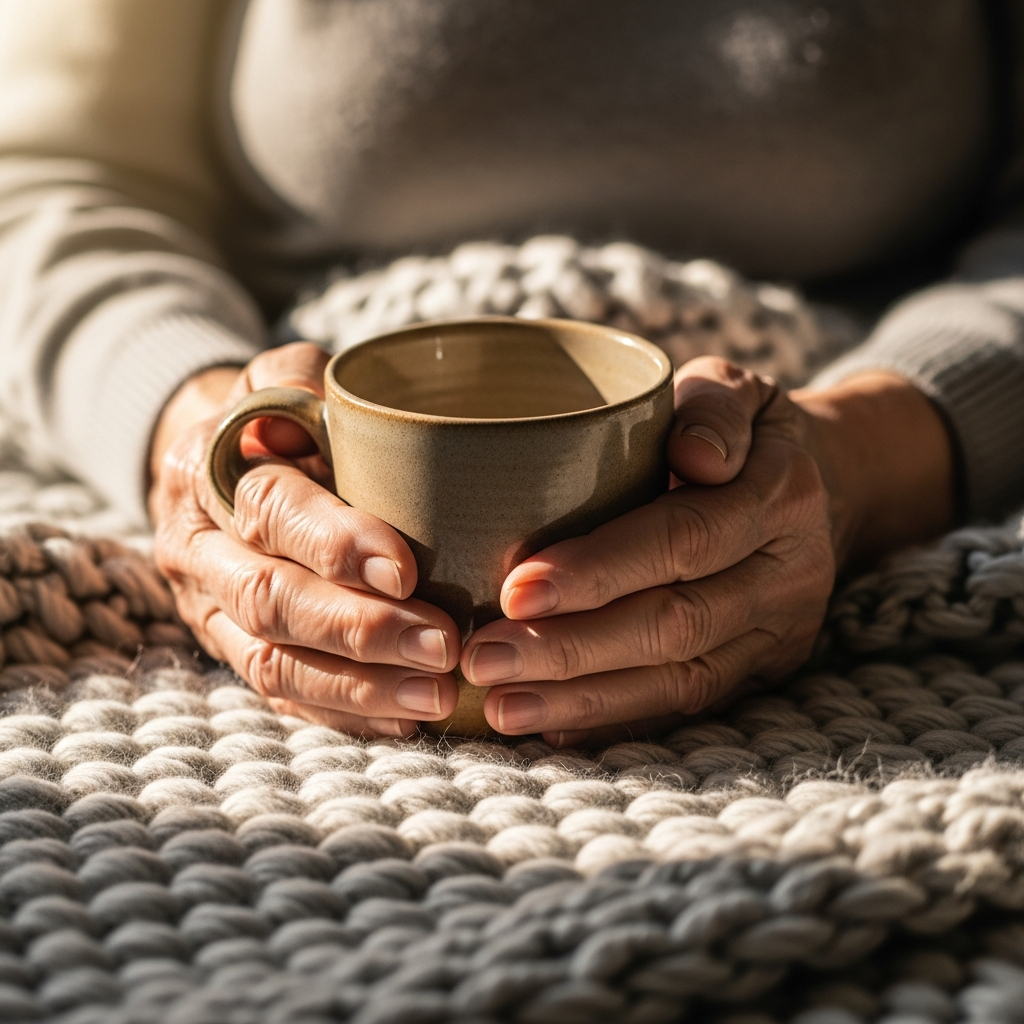 Mujer mayor sonriendo en un sofá mientras sostiene una taza personalizada y una manta suave de regalo