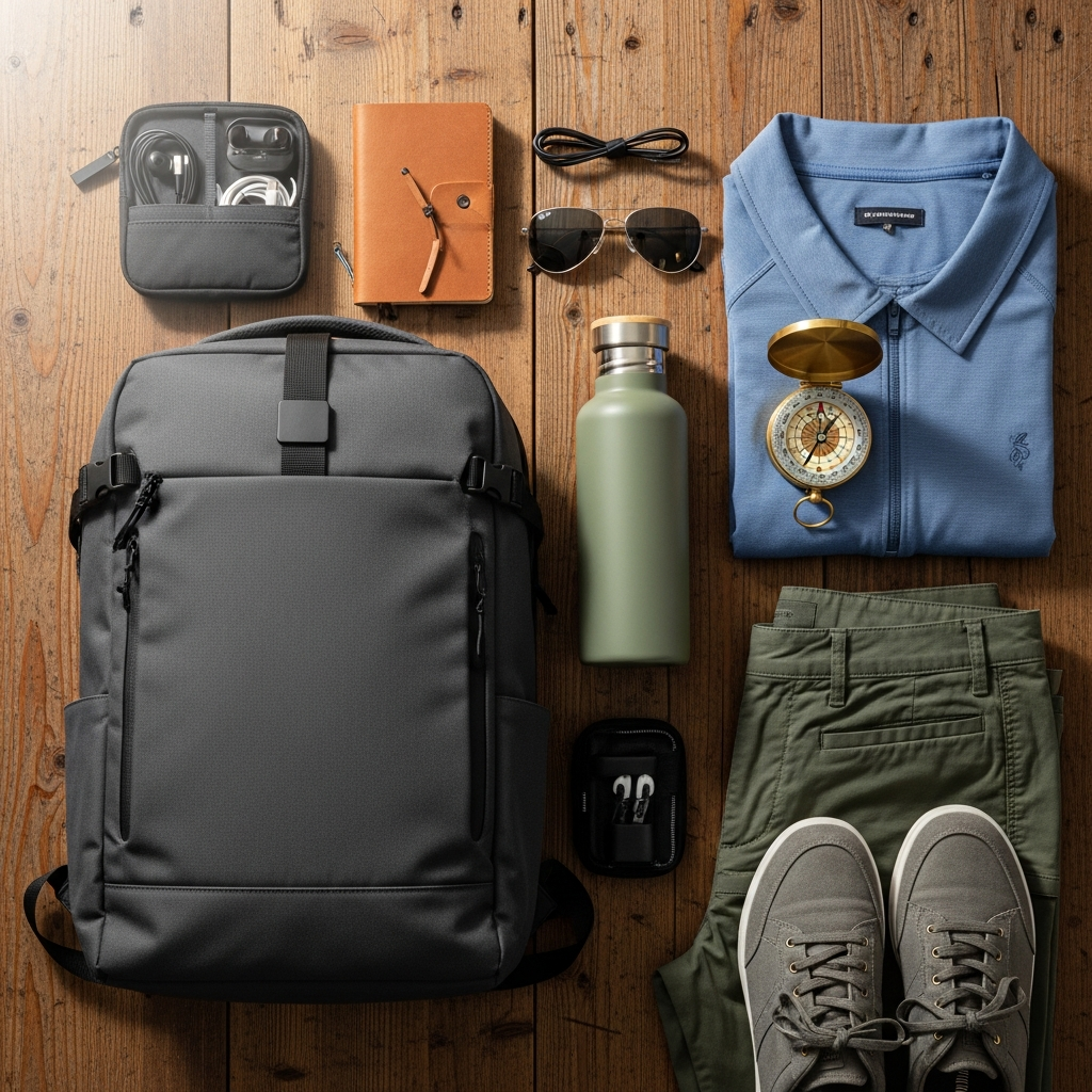 Mochila de aventura junto a una botella personalizada y accesorios de viaje grabados en una mesa de madera