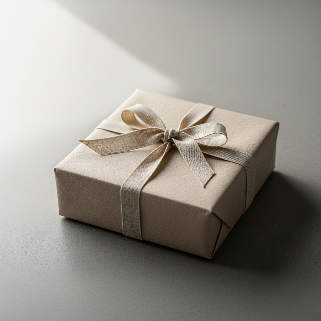 Manos sosteniendo un regalo sencillo envuelto en papel kraft y atado con un cordel de hilo natural
