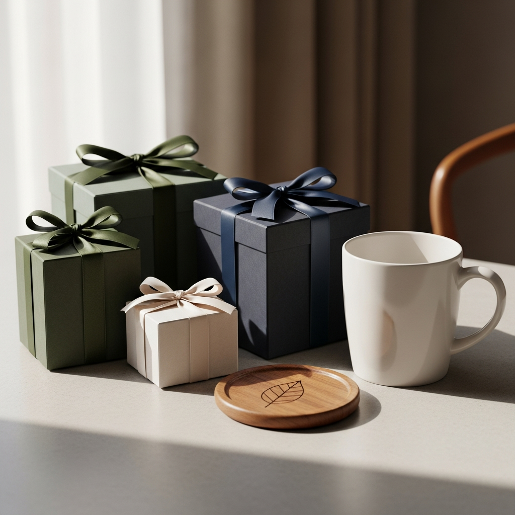 Taza personalizada, llavero de cuero y tabla de madera grabada con láser sobre fondo neutro