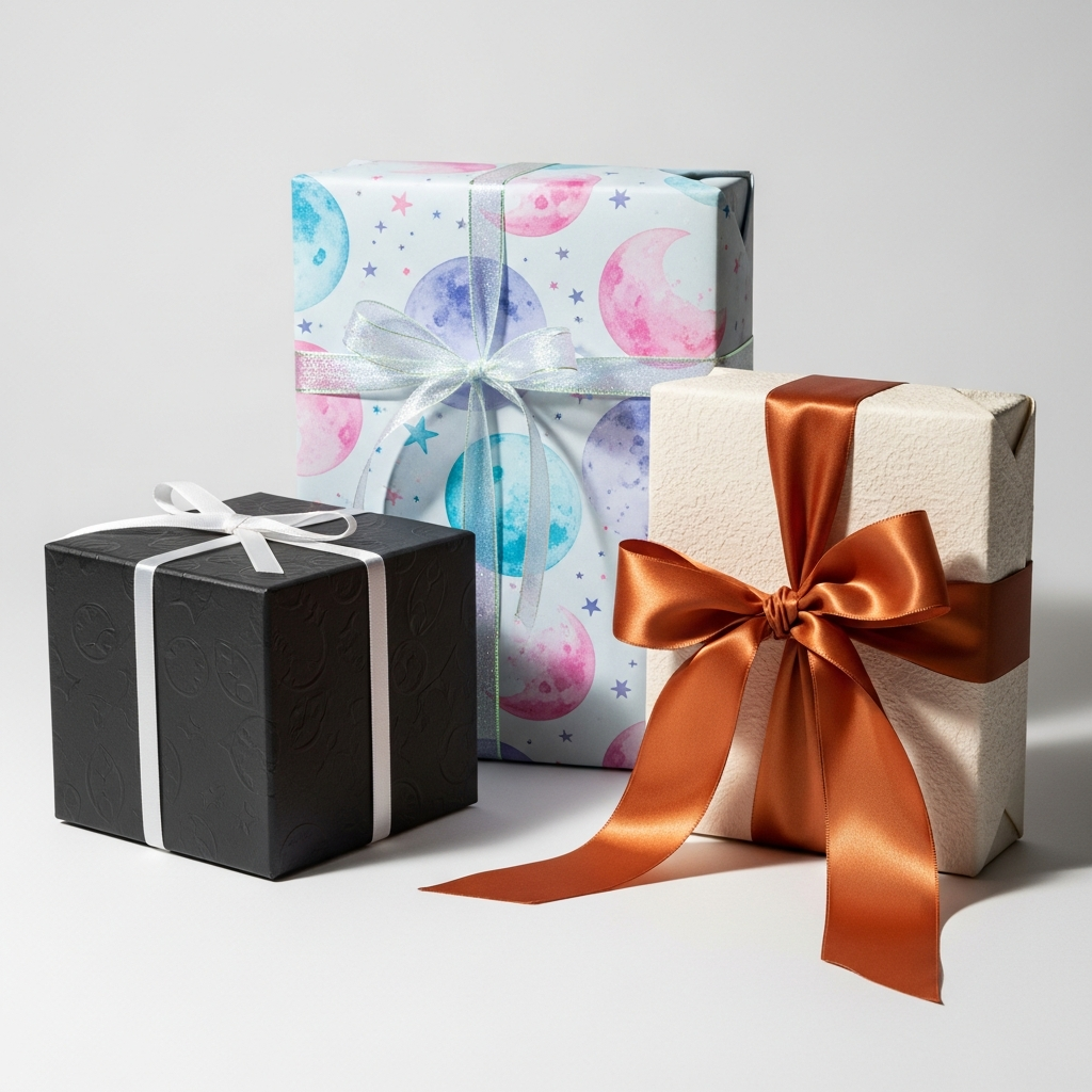 Tres cajas de regalo con envoltorios de estilo rústico, moderno y colorido sobre una mesa de madera clara