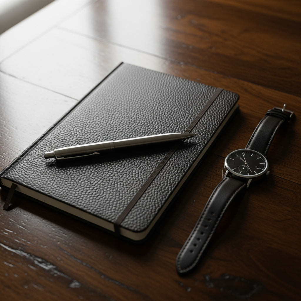 Birrete de graduación negro junto a un bolígrafo de madera y un cuaderno personalizados con grabado láser