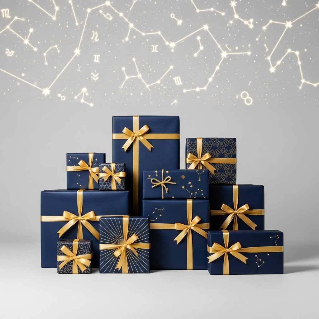 Regalo envuelto con cinta junto a una tarjeta con constelaciones de estrellas y signos del zodiaco
