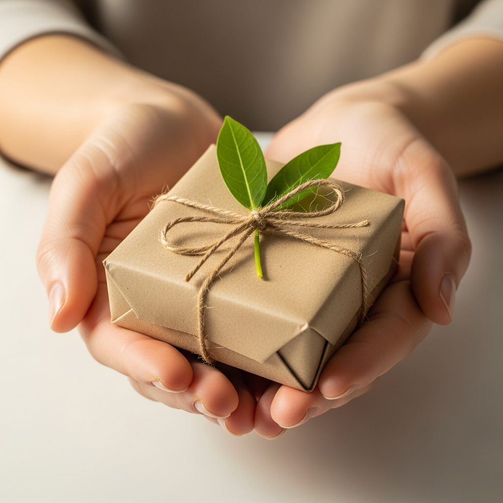 Manos sosteniendo una caja de regalo de cartón reciclado con un lazo de cuerda y una tarjeta con un corazón