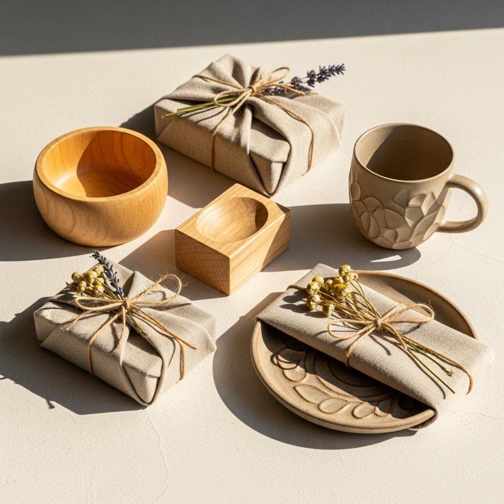 Regalo envuelto en papel kraft con cordón de yute y hojas verdes sobre una mesa de madera rústica