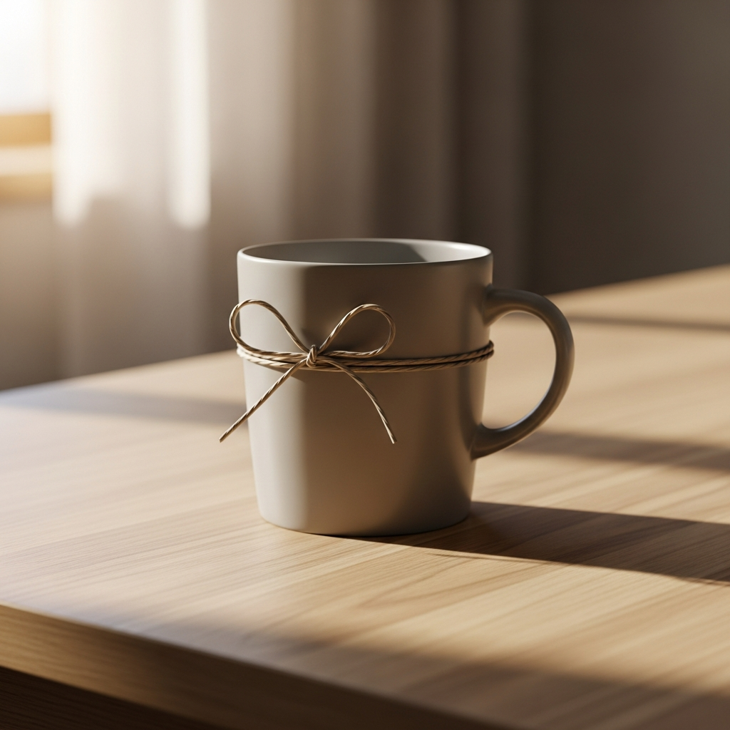 Caja de regalo envuelta en papel kraft junto a una taza de café, un termo y una libreta sobre fondo claro