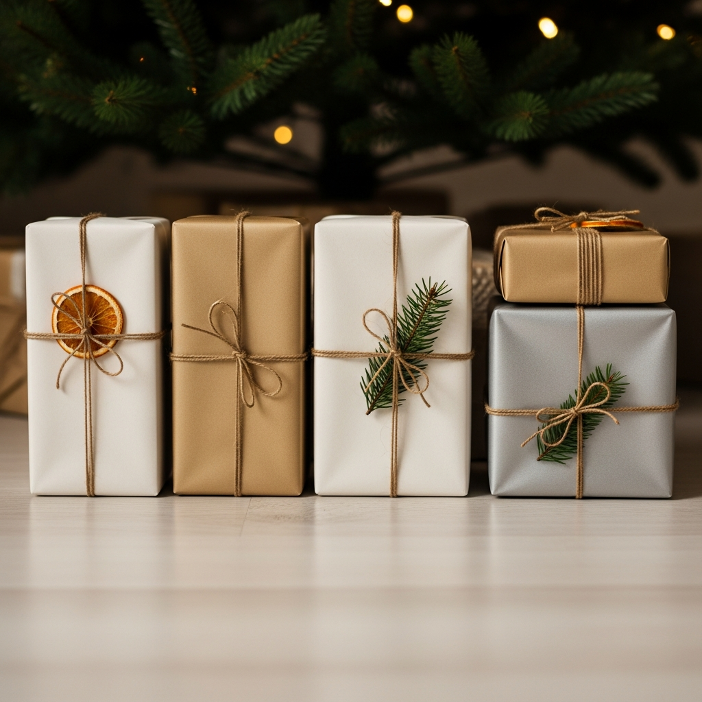 Cuatro regalos de Navidad con lazos de colores bajo un árbol decorado