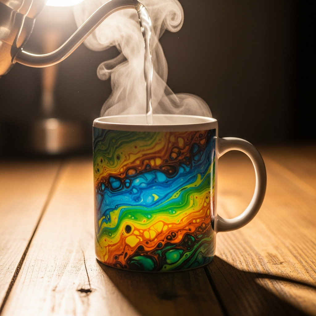 Mano sirviendo café en una taza mágica que cambia de color revelando una foto y un mensaje personalizado