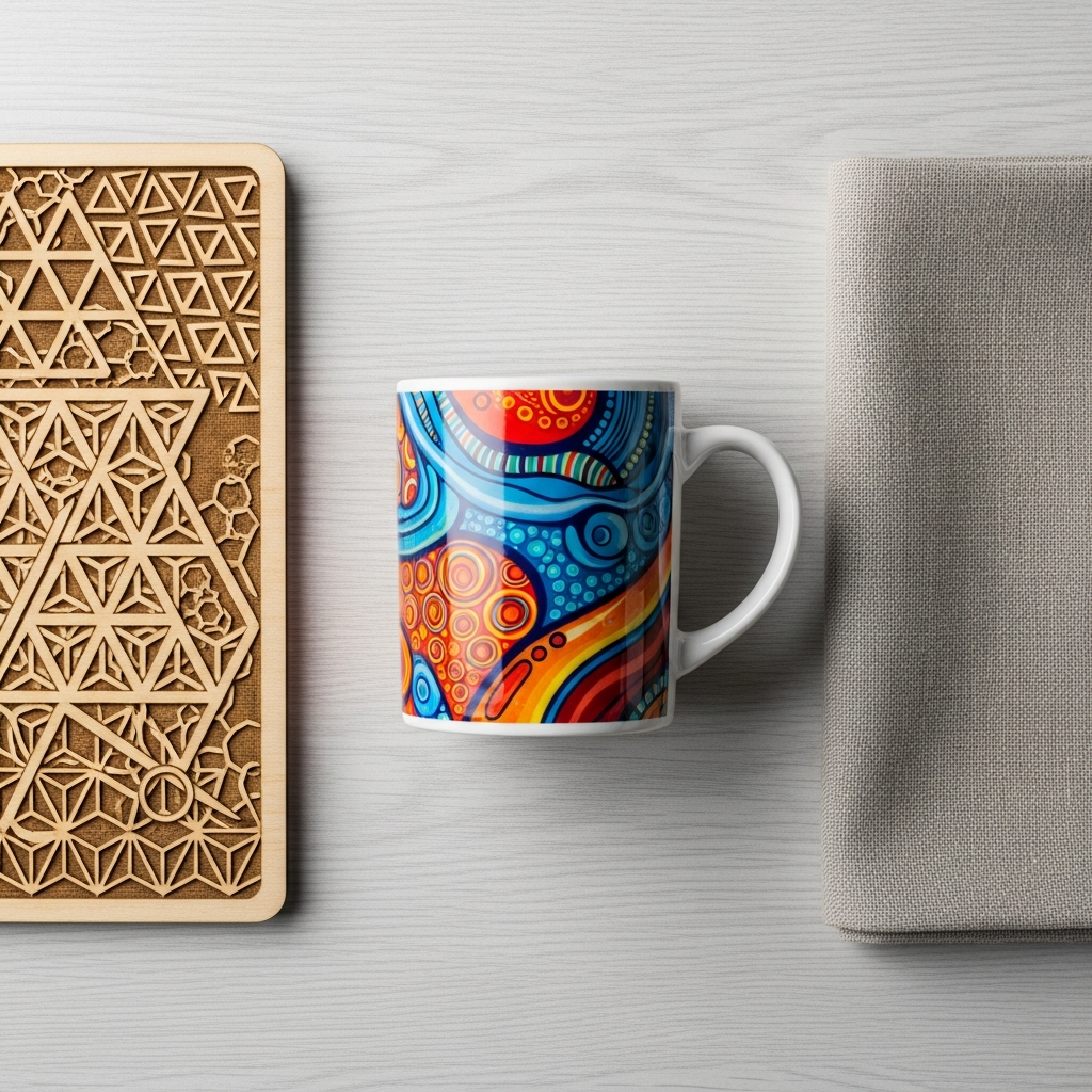 Taza de cerámica, tabla de madera grabada con láser y bolsa de tela personalizada sobre una mesa