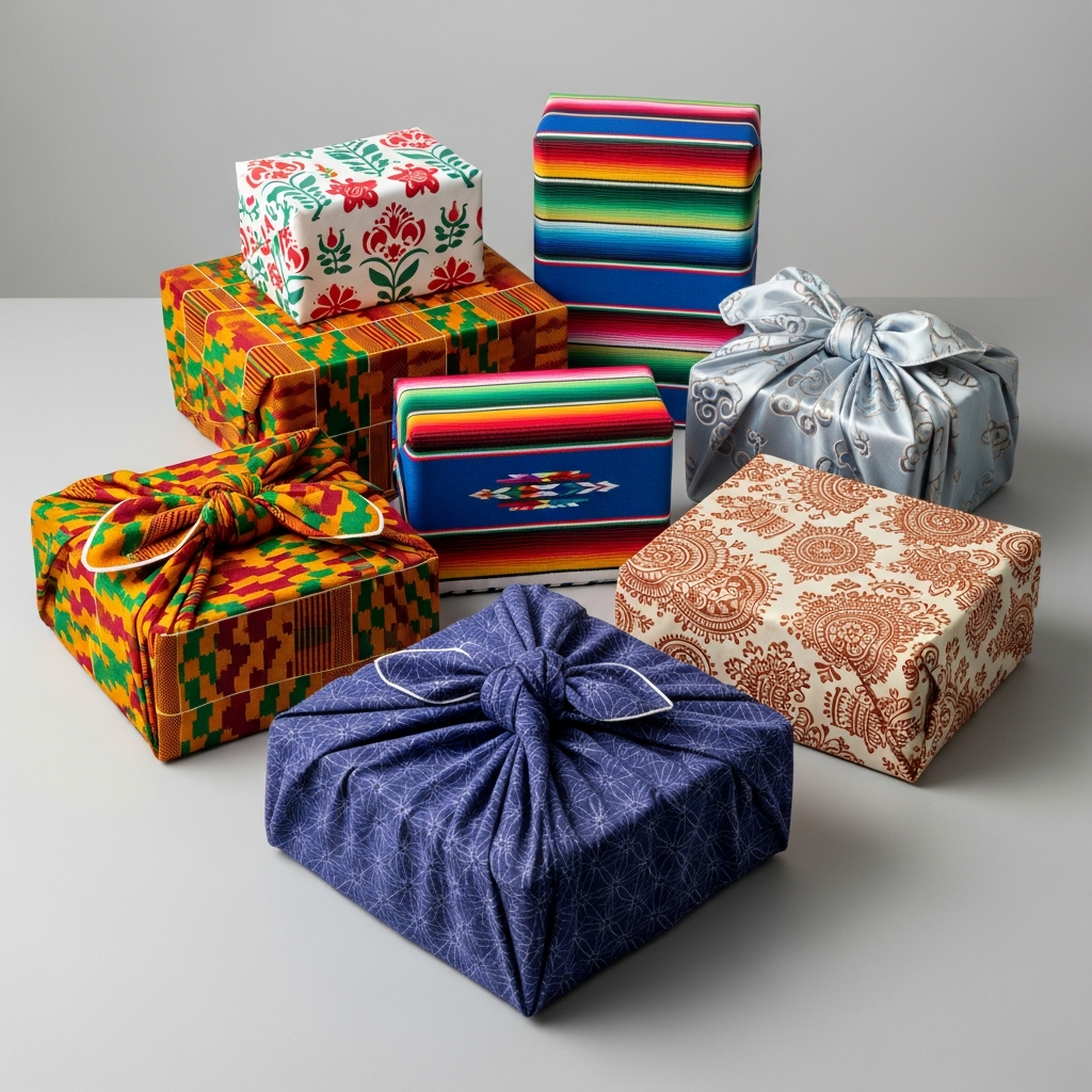 Manos intercambiando regalos con envolturas tradicionales de diferentes países sobre un fondo de madera clara