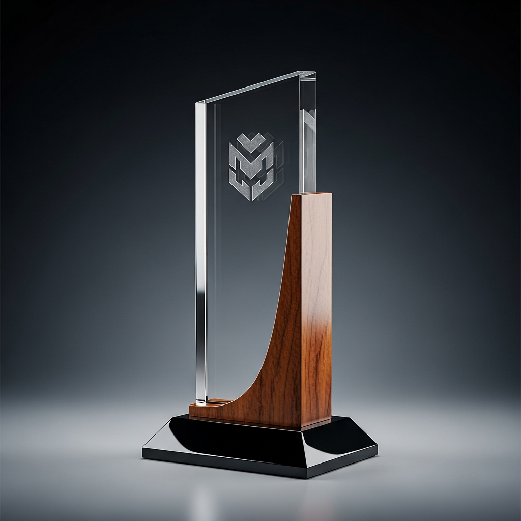 Trofeos de cristal, madera y metal con grabados personalizados detallados sobre un fondo luminoso