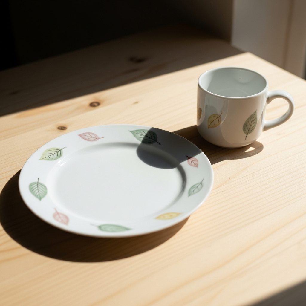 Vajilla personalizada de porcelana con motivos infantiles y detalles dorados para la mesa de un bautizo